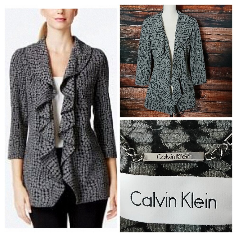 Calvin Klein Ponte Jacket 2 Ruffle Blazer 3/4 Sleeve Gray Pebble Seen on TV